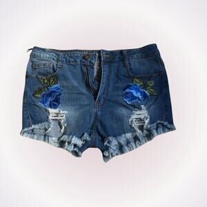 Machine Embroidered Distressed Denim Cutoff Shorts | Sz M
